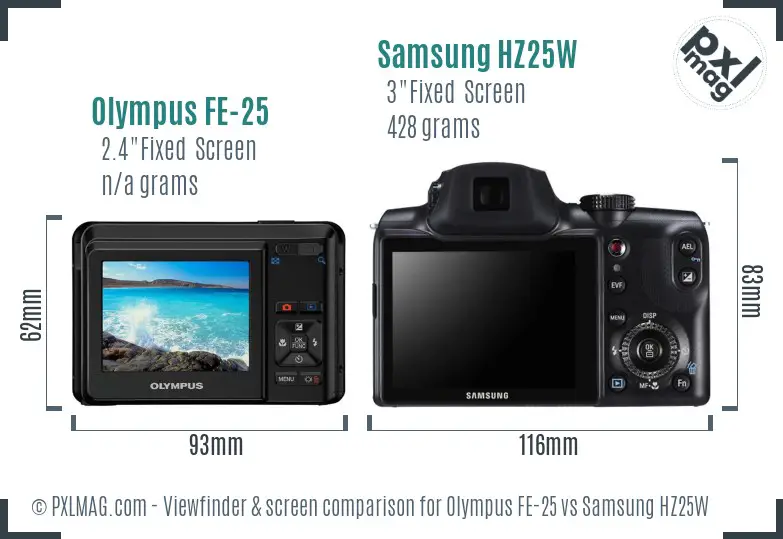 Olympus FE-25 vs Samsung HZ25W Screen and Viewfinder comparison