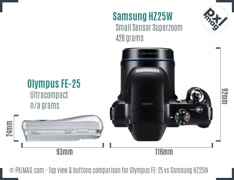 Olympus FE-25 vs Samsung HZ25W top view buttons comparison
