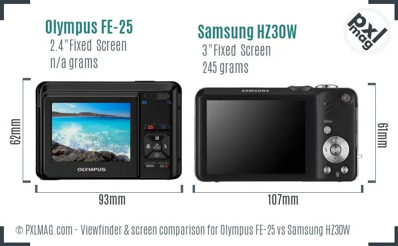 Olympus FE-25 vs Samsung HZ30W Screen and Viewfinder comparison