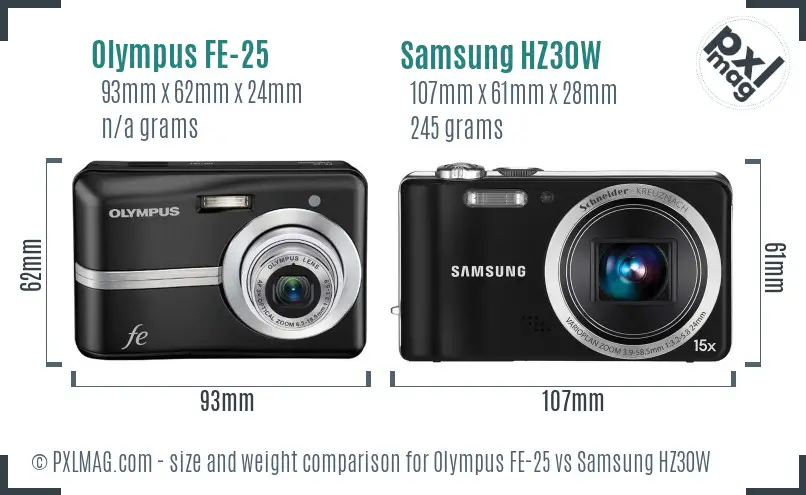 Olympus FE-25 vs Samsung HZ30W size comparison