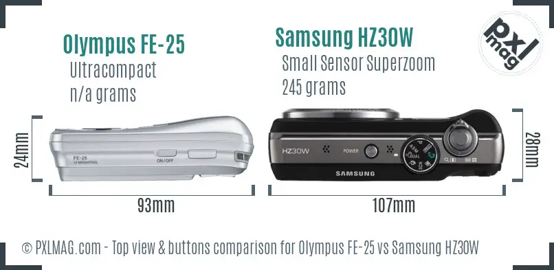 Olympus FE-25 vs Samsung HZ30W top view buttons comparison