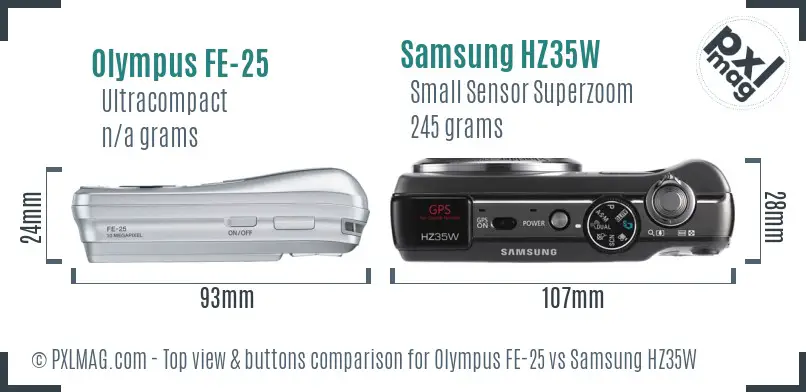 Olympus FE-25 vs Samsung HZ35W top view buttons comparison