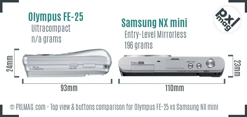 Olympus FE-25 vs Samsung NX mini top view buttons comparison Olympus FE-25 vs Samsung NX mini top view buttons comparison