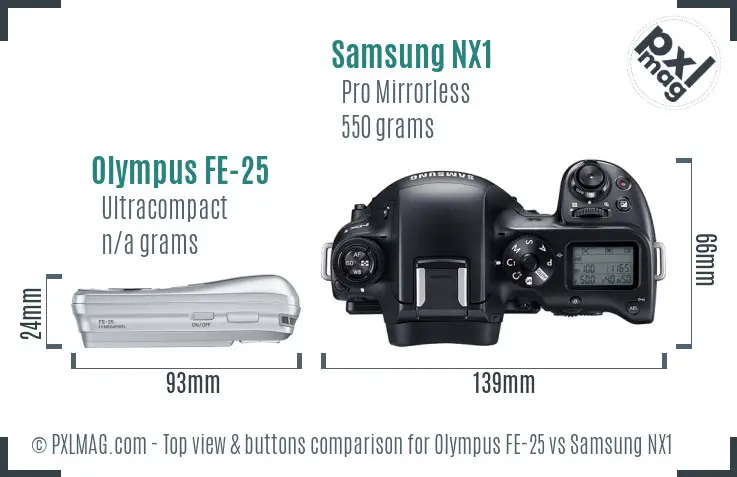 Olympus FE-25 vs Samsung NX1 top view buttons comparison Olympus FE-25 vs Samsung NX1 top view buttons comparison