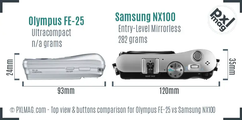 Olympus FE-25 vs Samsung NX100 top view buttons comparison Olympus FE-25 vs Samsung NX100 top view buttons comparison