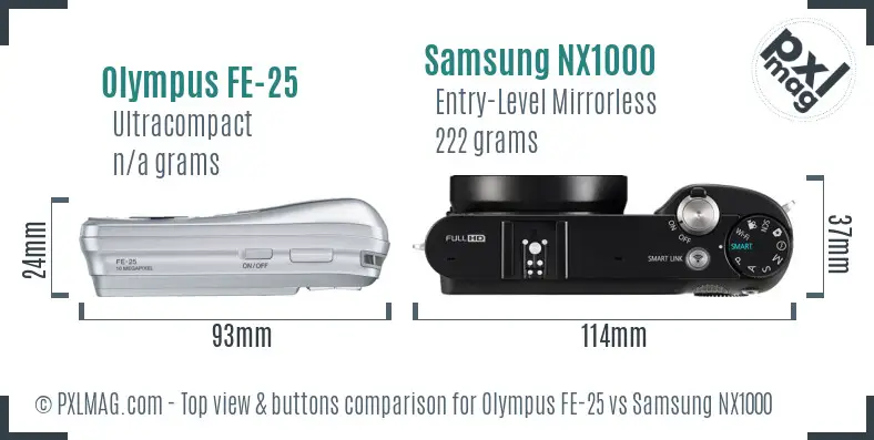 Olympus FE-25 vs Samsung NX1000 top view buttons comparison