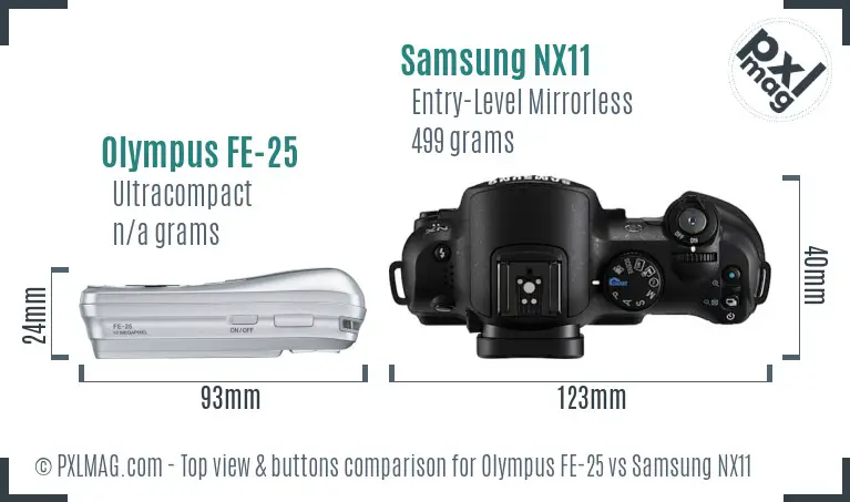 Olympus FE-25 vs Samsung NX11 top view buttons comparison