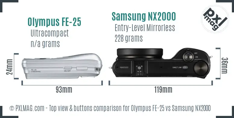 Olympus FE-25 vs Samsung NX2000 top view buttons comparison Olympus FE-25 vs Samsung NX2000 top view buttons comparison