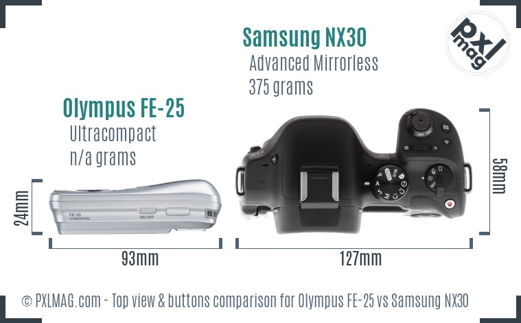 Olympus FE-25 vs Samsung NX30 top view buttons comparison