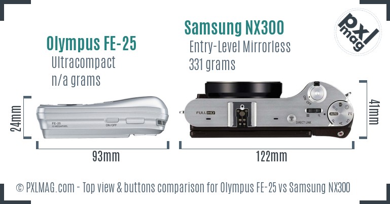 Olympus FE-25 vs Samsung NX300 top view buttons comparison
