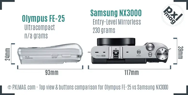 Olympus FE-25 vs Samsung NX3000 top view buttons comparison