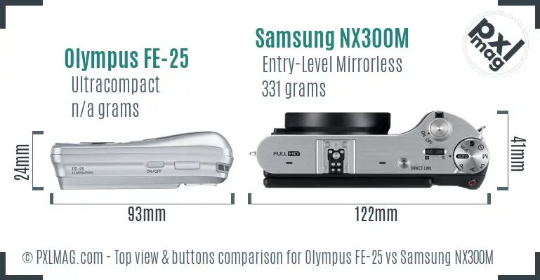 Olympus FE-25 vs Samsung NX300M top view buttons comparison Olympus FE-25 vs Samsung NX300M top view buttons comparison