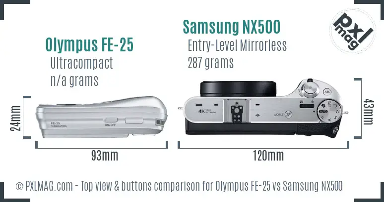 Olympus FE-25 vs Samsung NX500 top view buttons comparison Olympus FE-25 vs Samsung NX500 top view buttons comparison
