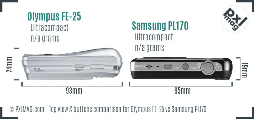 Olympus FE-25 vs Samsung PL170 top view buttons comparison