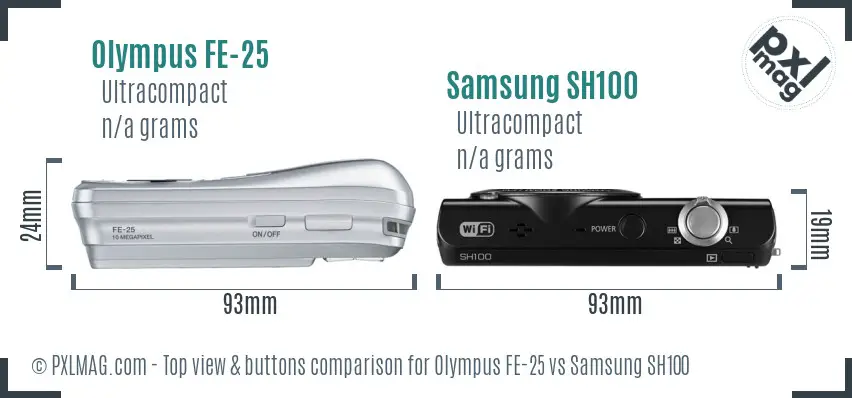 Olympus FE-25 vs Samsung SH100 top view buttons comparison