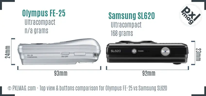 Olympus FE-25 vs Samsung SL620 top view buttons comparison