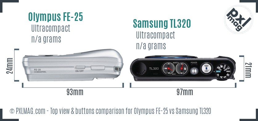 Olympus FE-25 vs Samsung TL320 top view buttons comparison