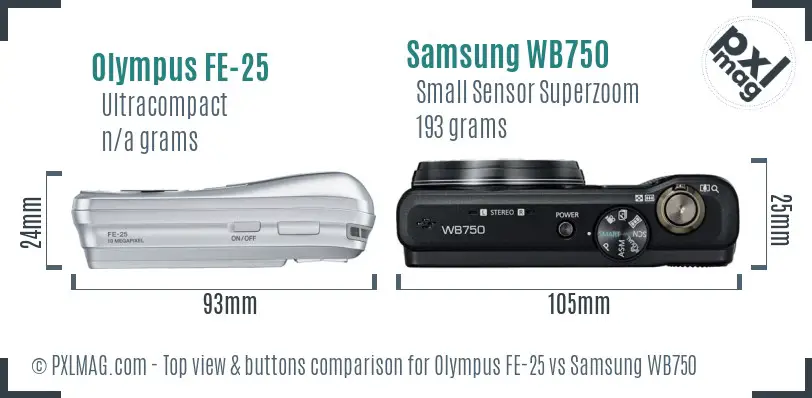 Olympus FE-25 vs Samsung WB750 top view buttons comparison