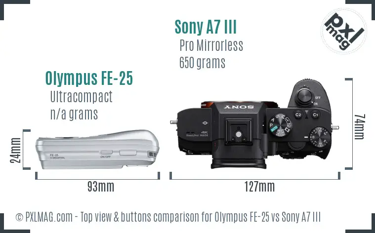 Olympus FE-25 vs Sony A7 III top view buttons comparison