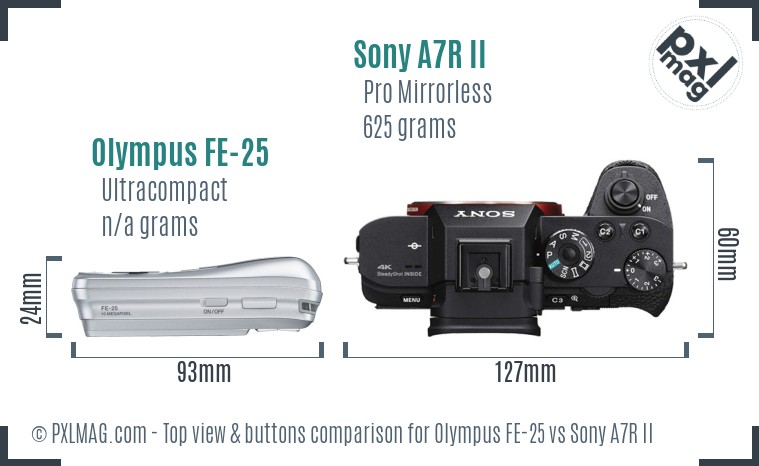Olympus FE-25 vs Sony A7R II top view buttons comparison