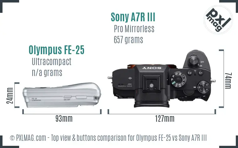 Olympus FE-25 vs Sony A7R III top view buttons comparison