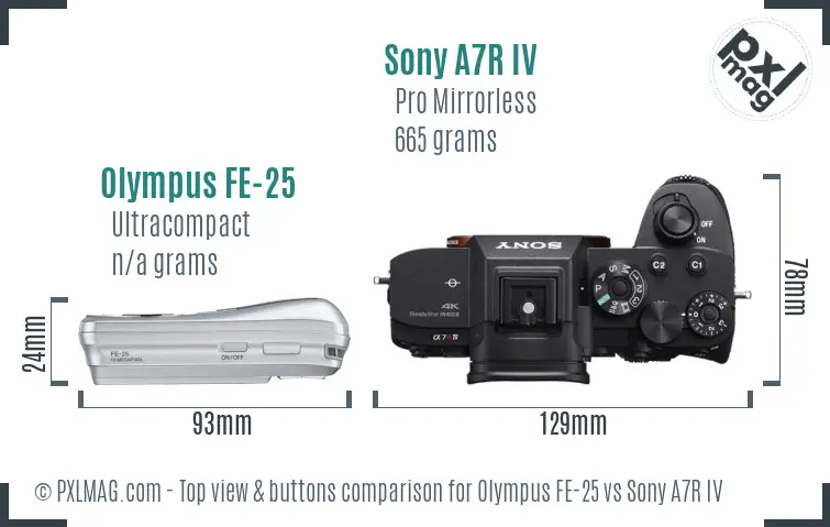 Olympus FE-25 vs Sony A7R IV top view buttons comparison