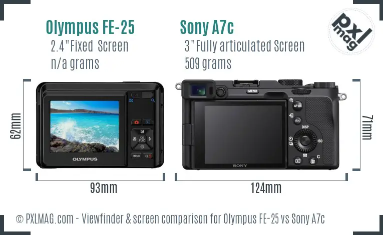 Olympus FE-25 vs Sony A7c Screen and Viewfinder comparison