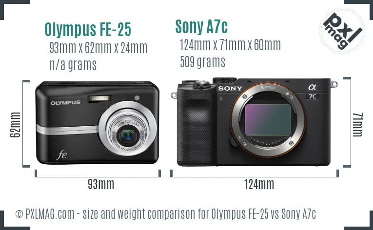 Olympus FE-25 vs Sony A7c size comparison
