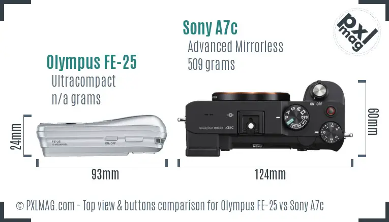 Olympus FE-25 vs Sony A7c top view buttons comparison