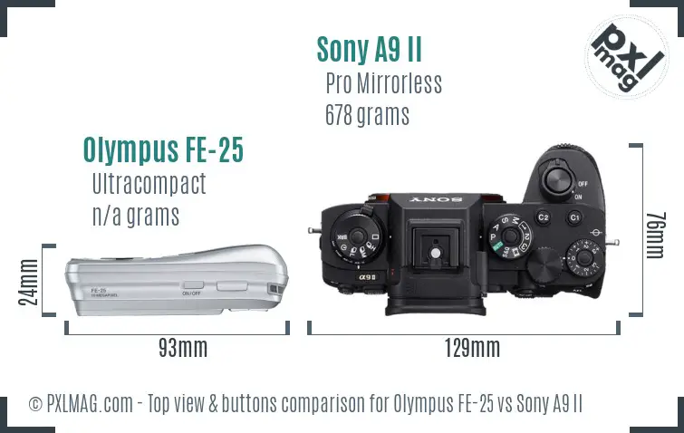 Olympus FE-25 vs Sony A9 II top view buttons comparison