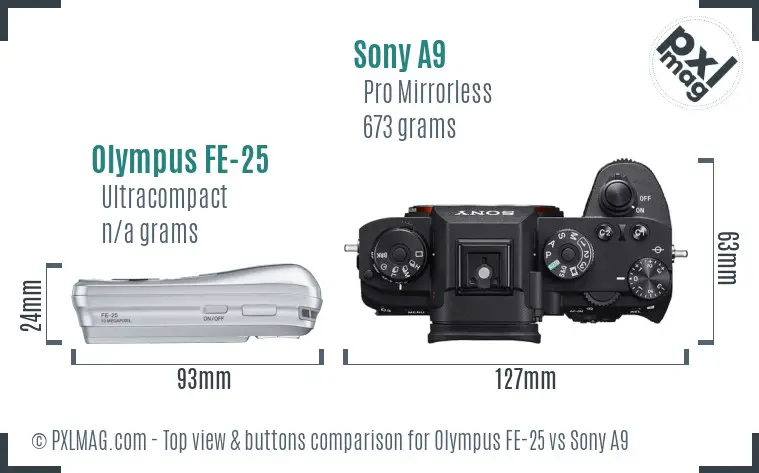 Olympus FE-25 vs Sony A9 top view buttons comparison