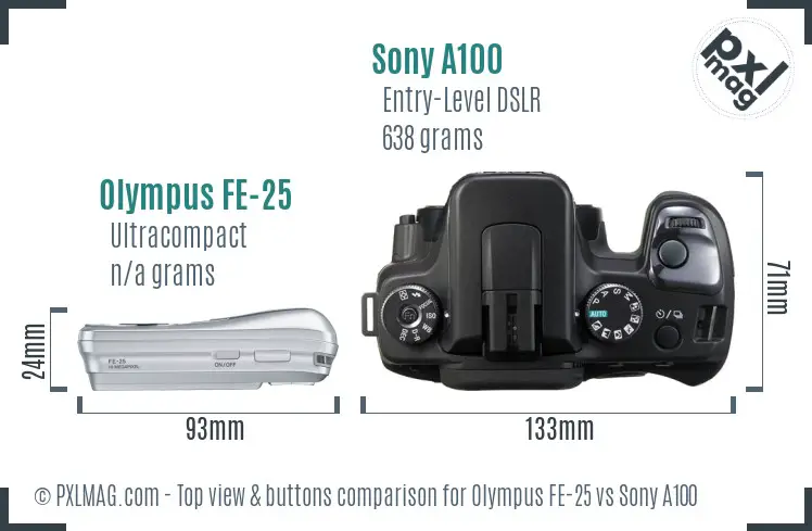 Olympus FE-25 vs Sony A100 top view buttons comparison