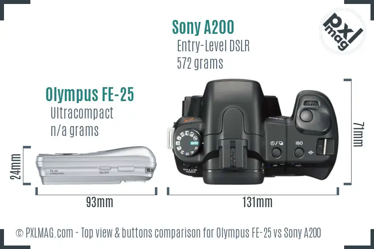 Olympus FE-25 vs Sony A200 top view buttons comparison