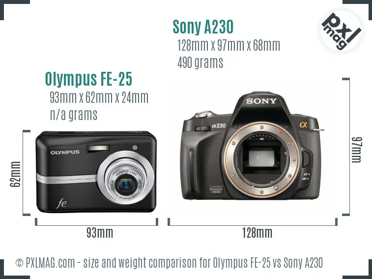 Olympus FE-25 vs Sony A230 size comparison