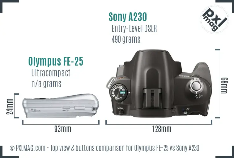 Olympus FE-25 vs Sony A230 top view buttons comparison