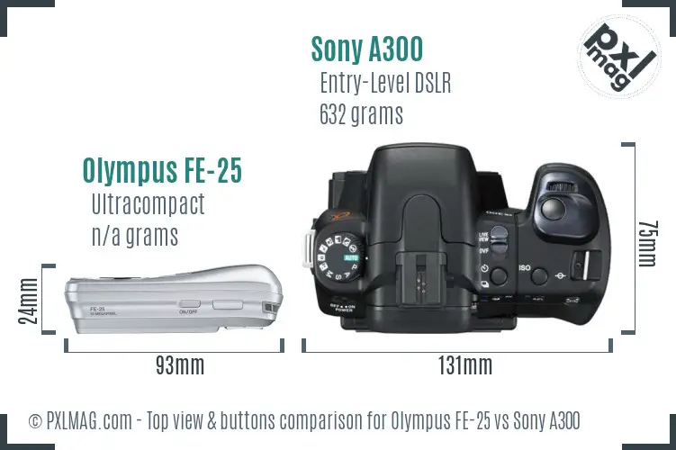 Olympus FE-25 vs Sony A300 top view buttons comparison