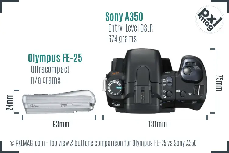 Olympus FE-25 vs Sony A350 top view buttons comparison