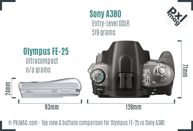 Olympus FE-25 vs Sony A380 top view buttons comparison