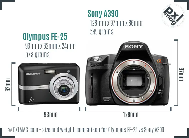 Olympus FE-25 vs Sony A390 size comparison