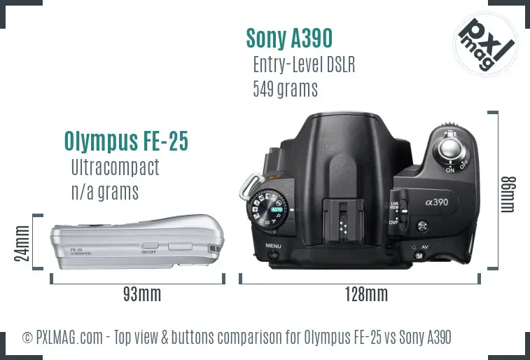 Olympus FE-25 vs Sony A390 top view buttons comparison
