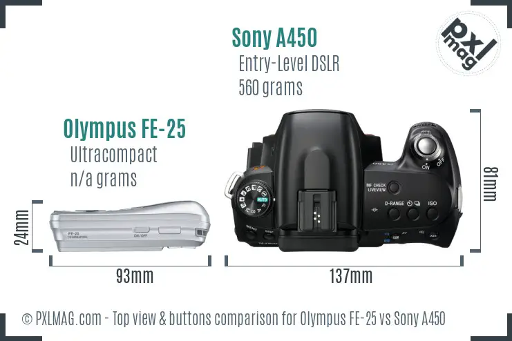 Olympus FE-25 vs Sony A450 top view buttons comparison