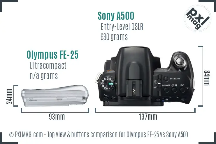 Olympus FE-25 vs Sony A500 top view buttons comparison