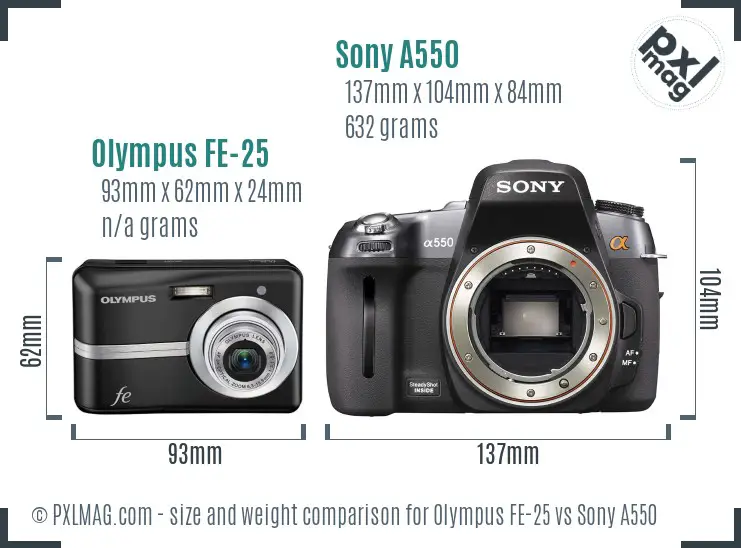 Olympus FE-25 vs Sony A550 size comparison