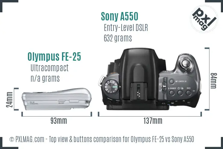 Olympus FE-25 vs Sony A550 top view buttons comparison
