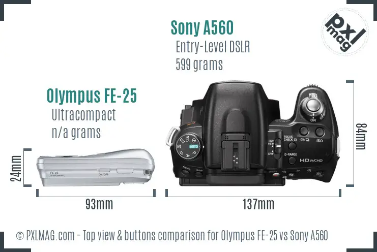 Olympus FE-25 vs Sony A560 top view buttons comparison