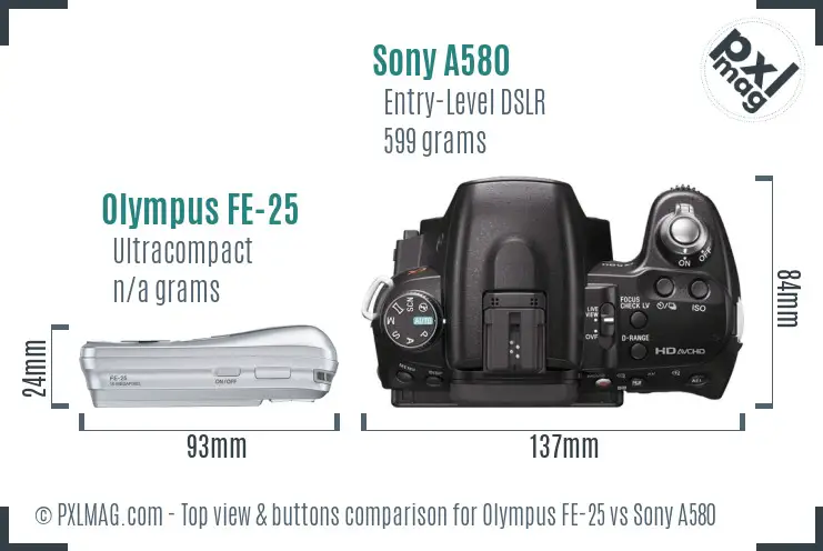 Olympus FE-25 vs Sony A580 top view buttons comparison