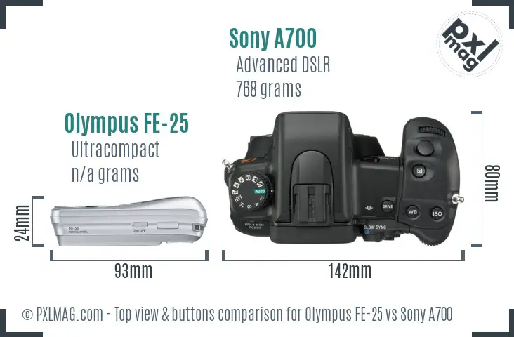 Olympus FE-25 vs Sony A700 top view buttons comparison