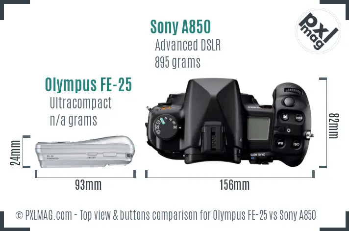 Olympus FE-25 vs Sony A850 top view buttons comparison