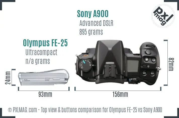 Olympus FE-25 vs Sony A900 top view buttons comparison