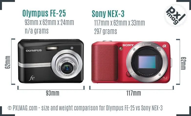 Olympus FE-25 vs Sony NEX-3 size comparison